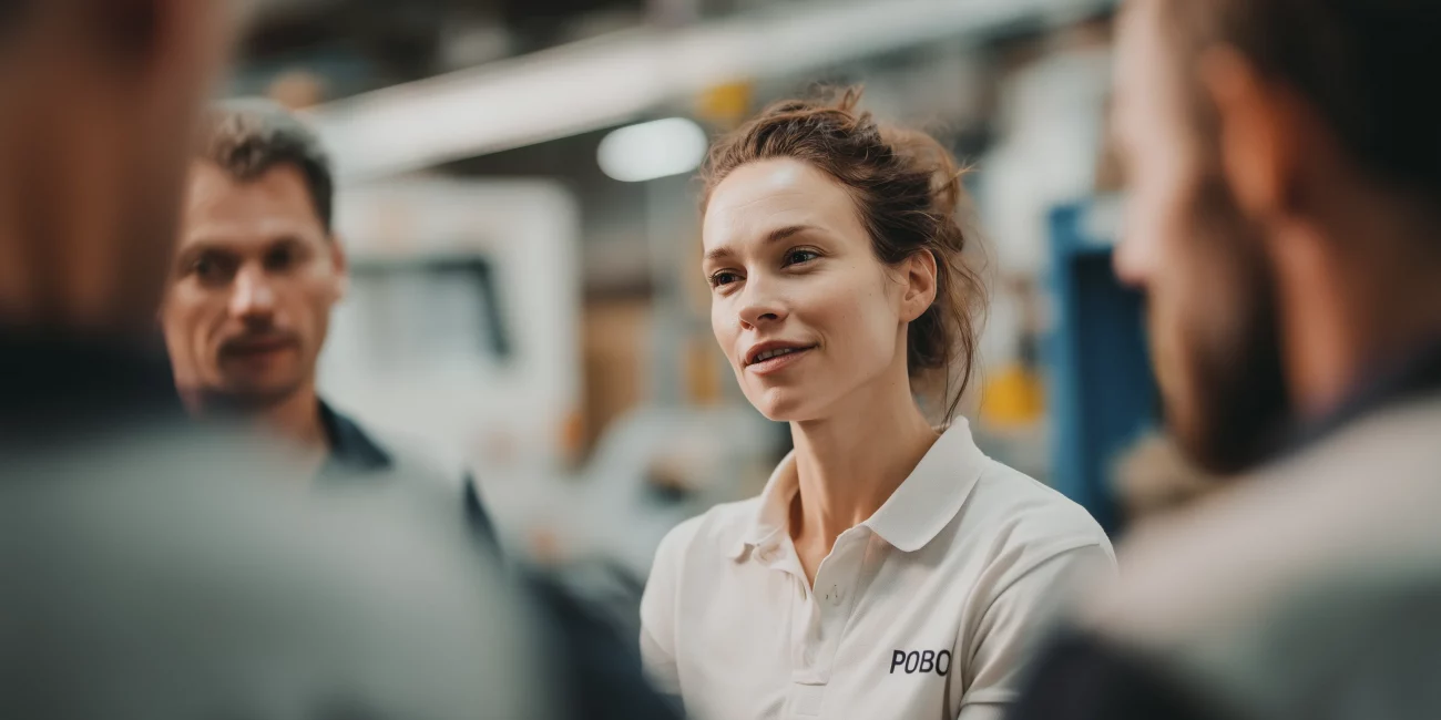 Petit groupe de salariés en milieu industriel guidé par une intervenante PoB pour un réveil musculaire avant la prise de poste.