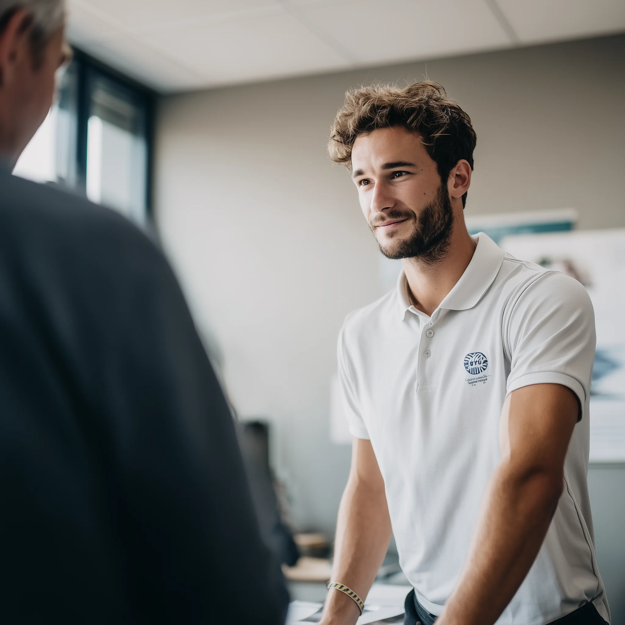 Ostéopathe PoB réalisant un bilan postural avec un salarié dans un espace confidentiel d’entreprise.