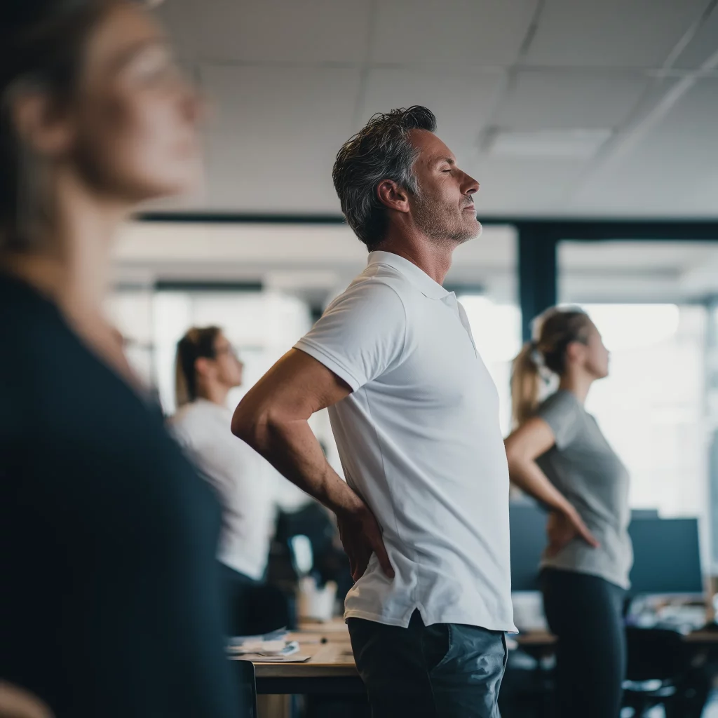 Groupe de salariés réalisant un exercice Pilates adapté au travail avec un praticien PoB.