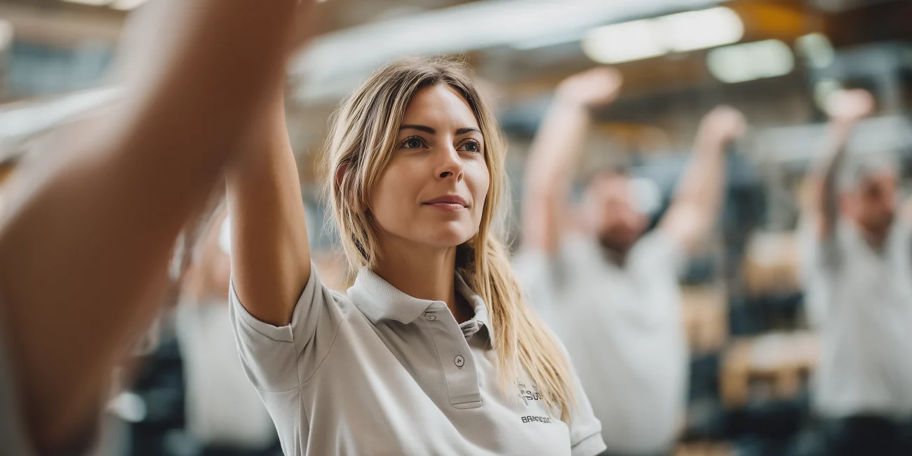 Groupe de salariés guidé par une praticienne PoB pour un réveil musculaire lors d’un Safety Day.