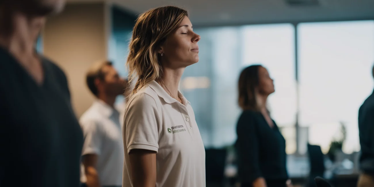 Groupe de salariés guidé par une praticienne PoB pour un exercice de respiration et d’ouverture thoracique au travail.